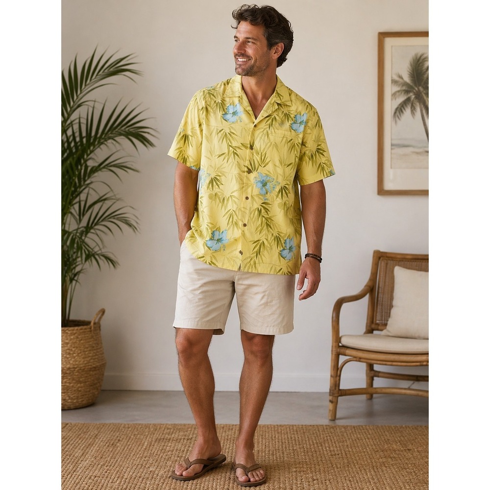 Tommy Bahama Shirt Men's Large Yellow Blue Hawaiian 100% Silk Camp Tropical